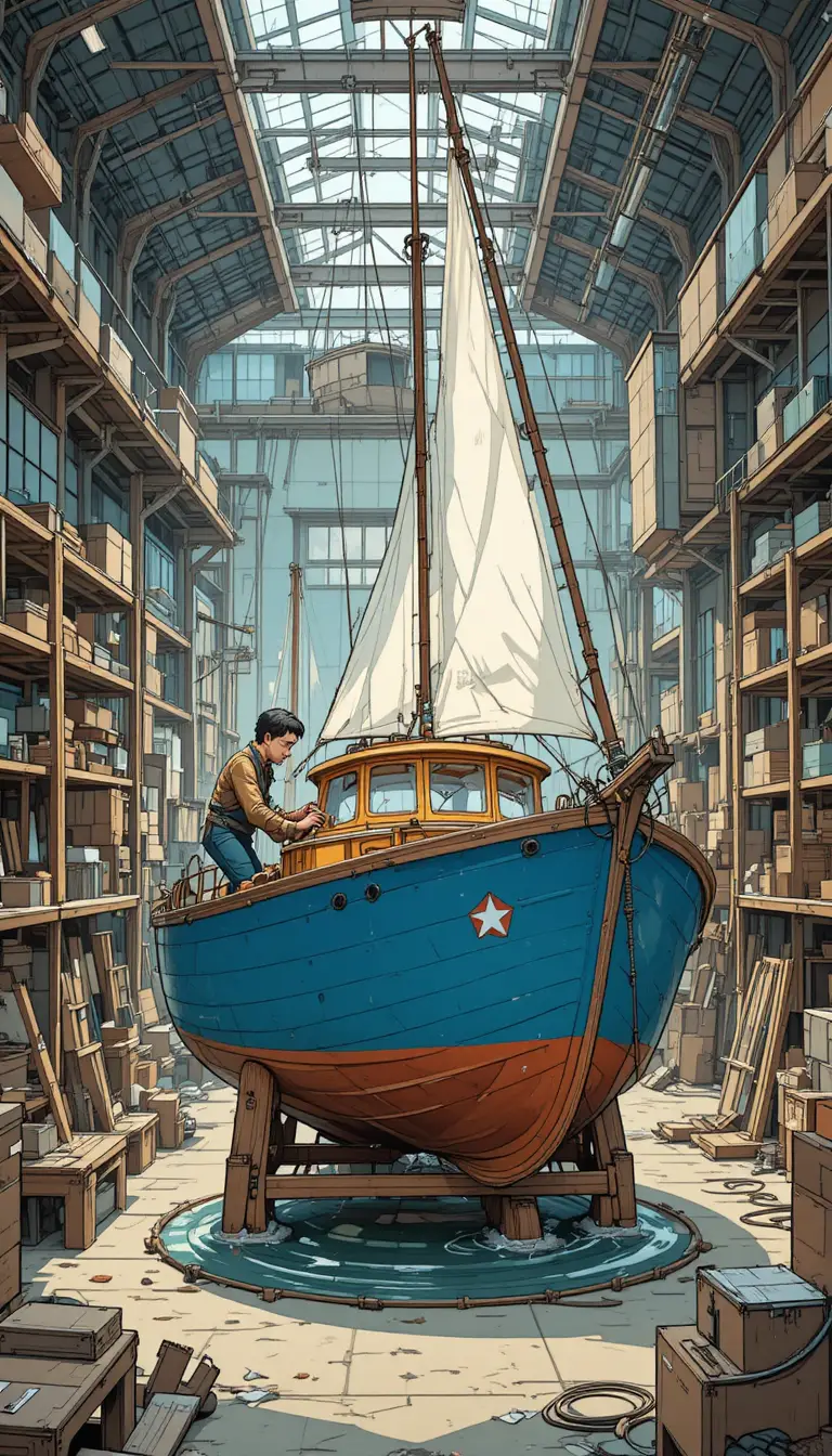 Kinderillustration von Booten in einer geschäftigen Werft