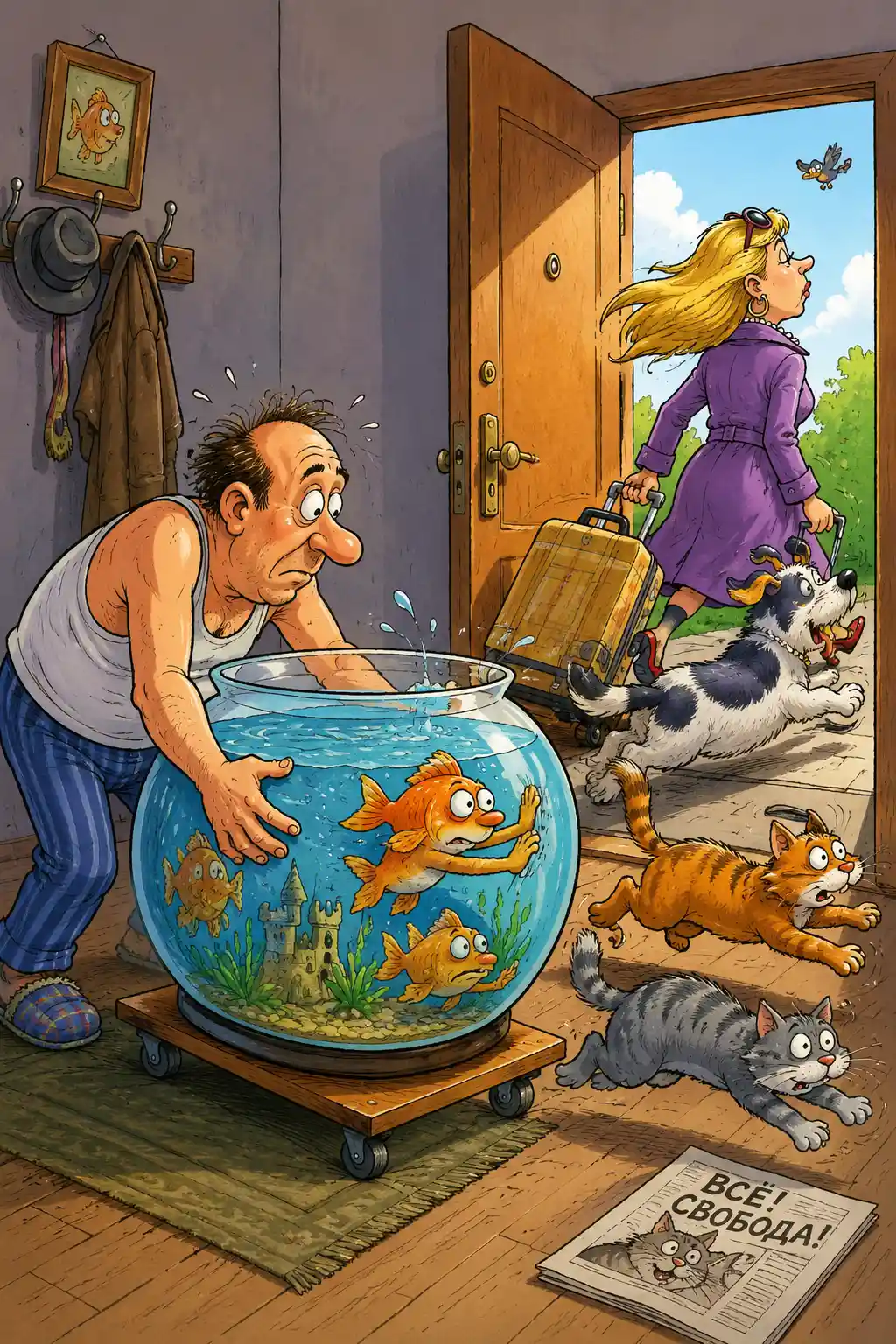 Scène de bande dessinée ludique de poissons d’aquarium poussant vers la porte