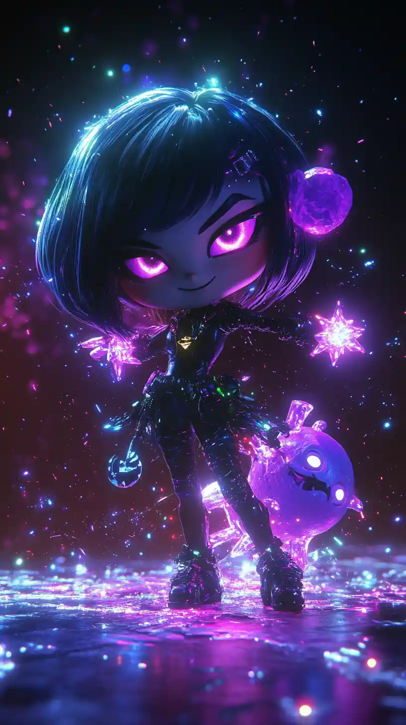 Chibi demon girl summoning glowing neon stars in space