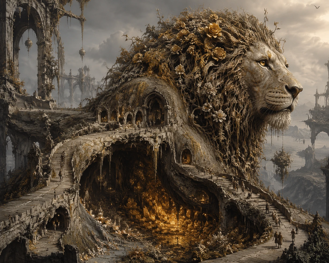 Surreal Lion Landscape Of Roots Arches And Winding Paths