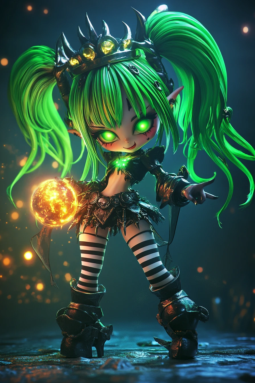 Chibi demon queen with neon hair holding chaos orb