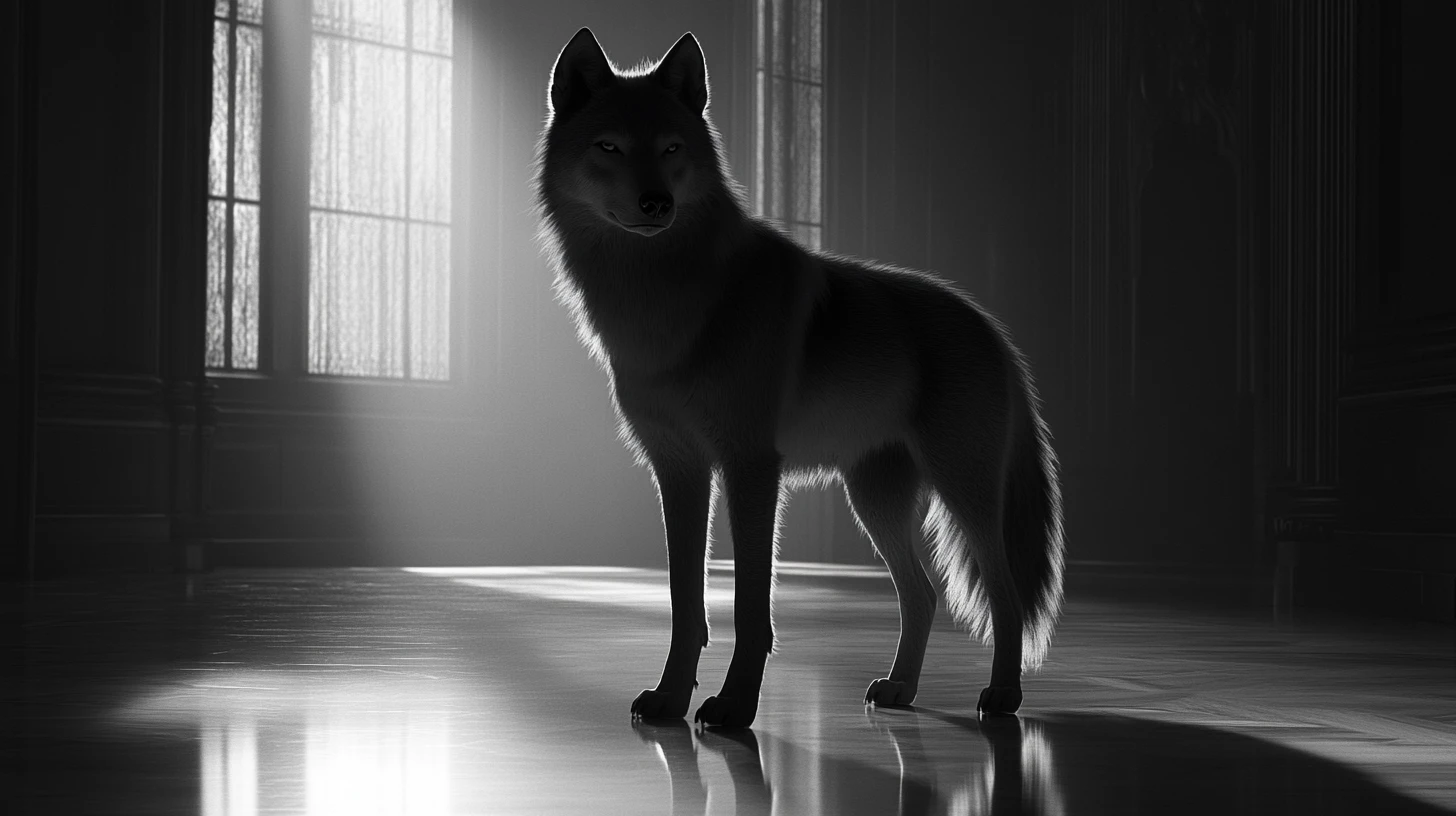 Lobo alto posando como modelo de passarela em salão gótico