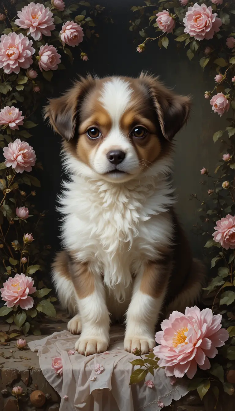 印象派スタイルで描かれた、春の花咲く景色の中のかわいい子犬