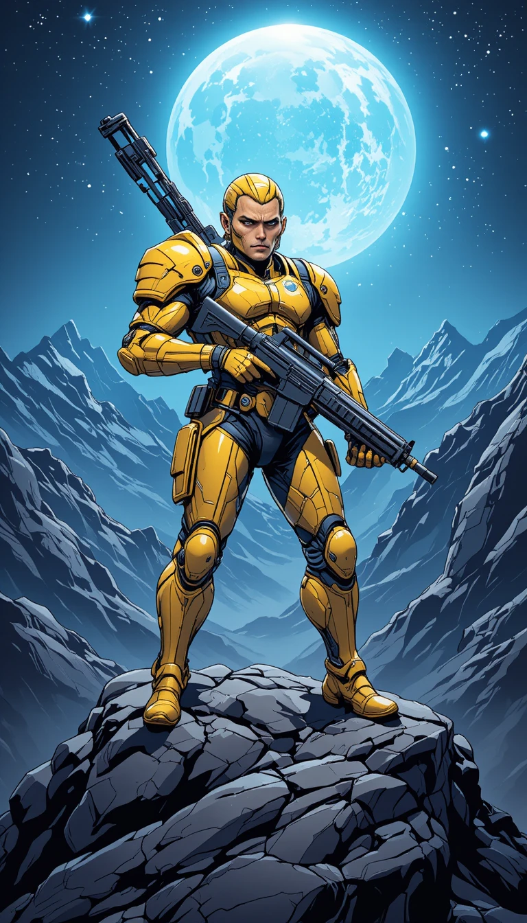 Guerreiro sci-fi blindado em um penhasco rochoso à noite