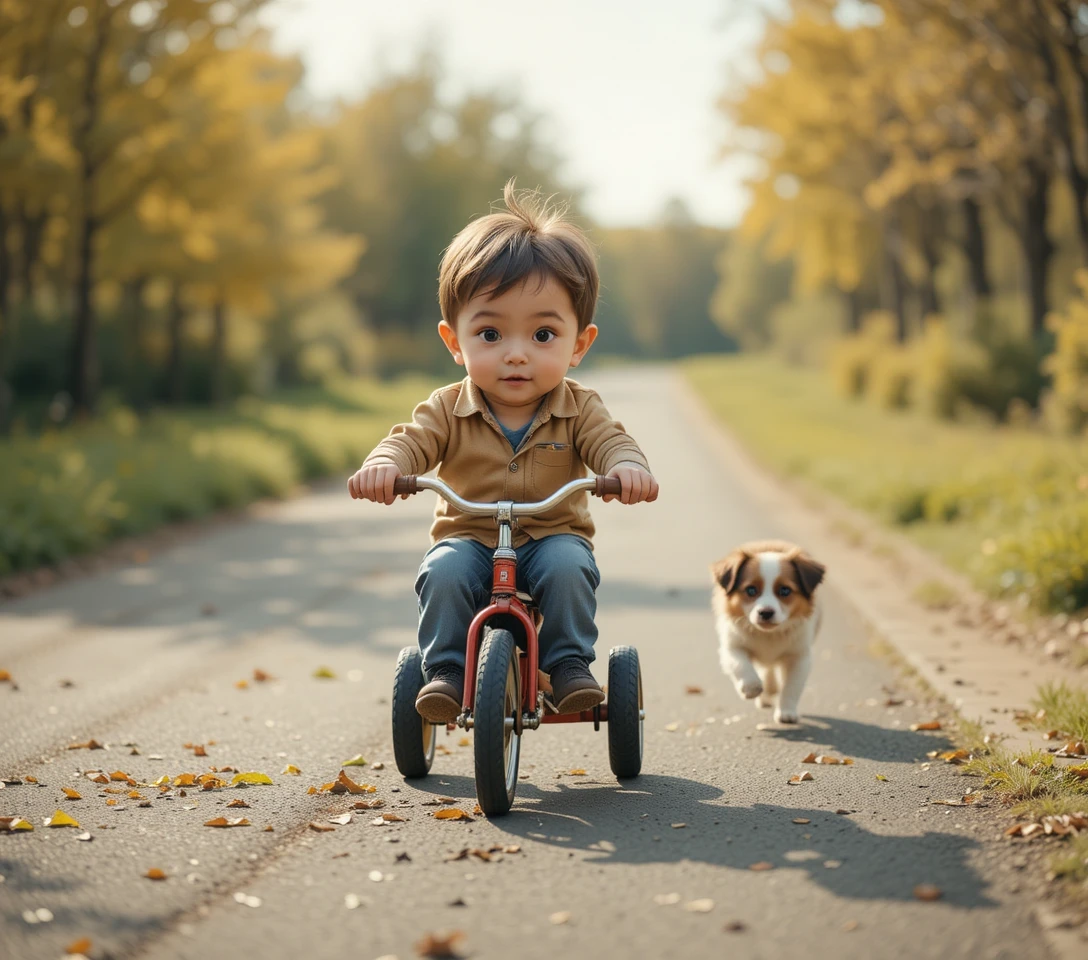 Menino andando de triciclo sendo perseguido por um cachorrinho