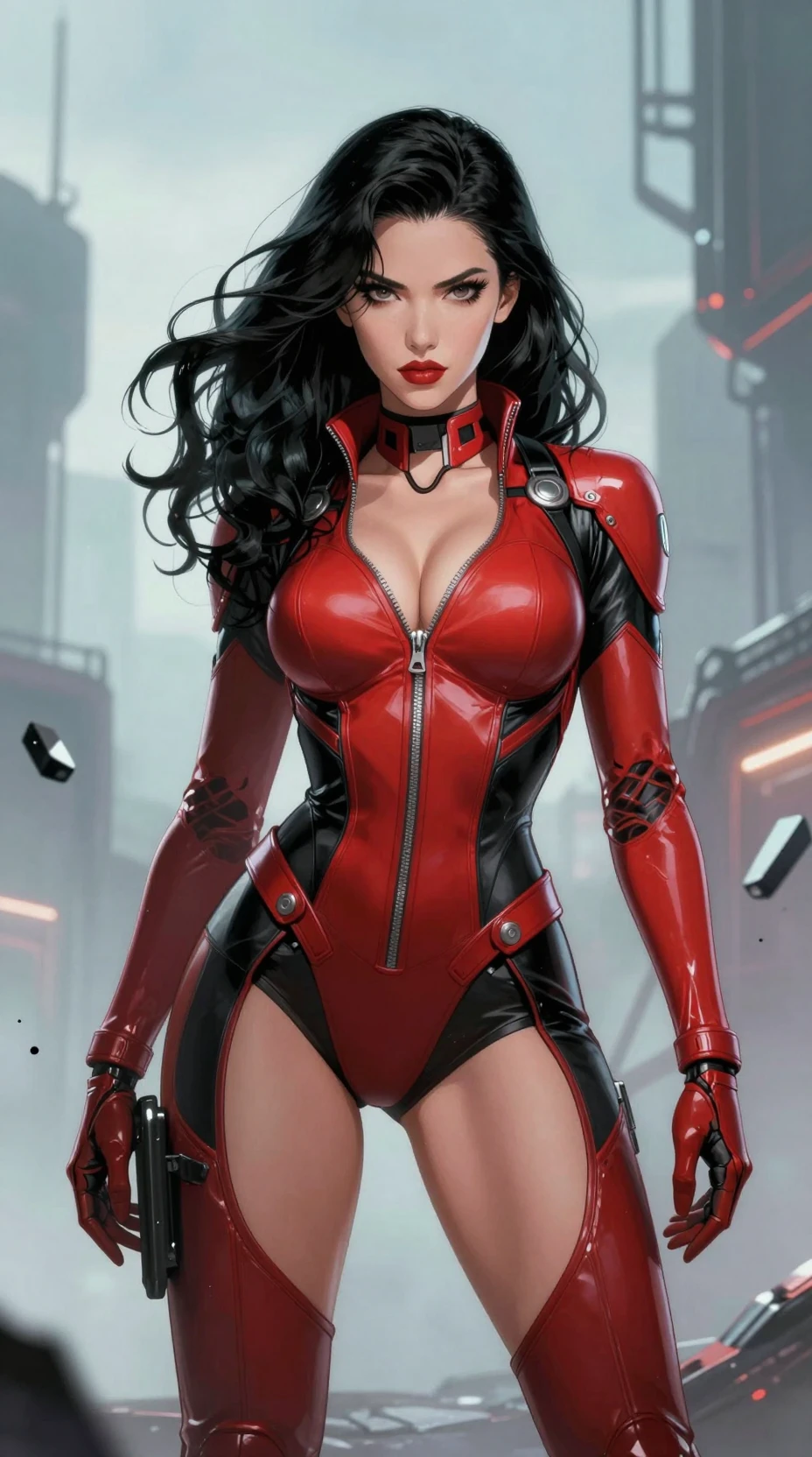 Héroïne cyborg en armure rouge dans une ville de science‑fiction dystopique