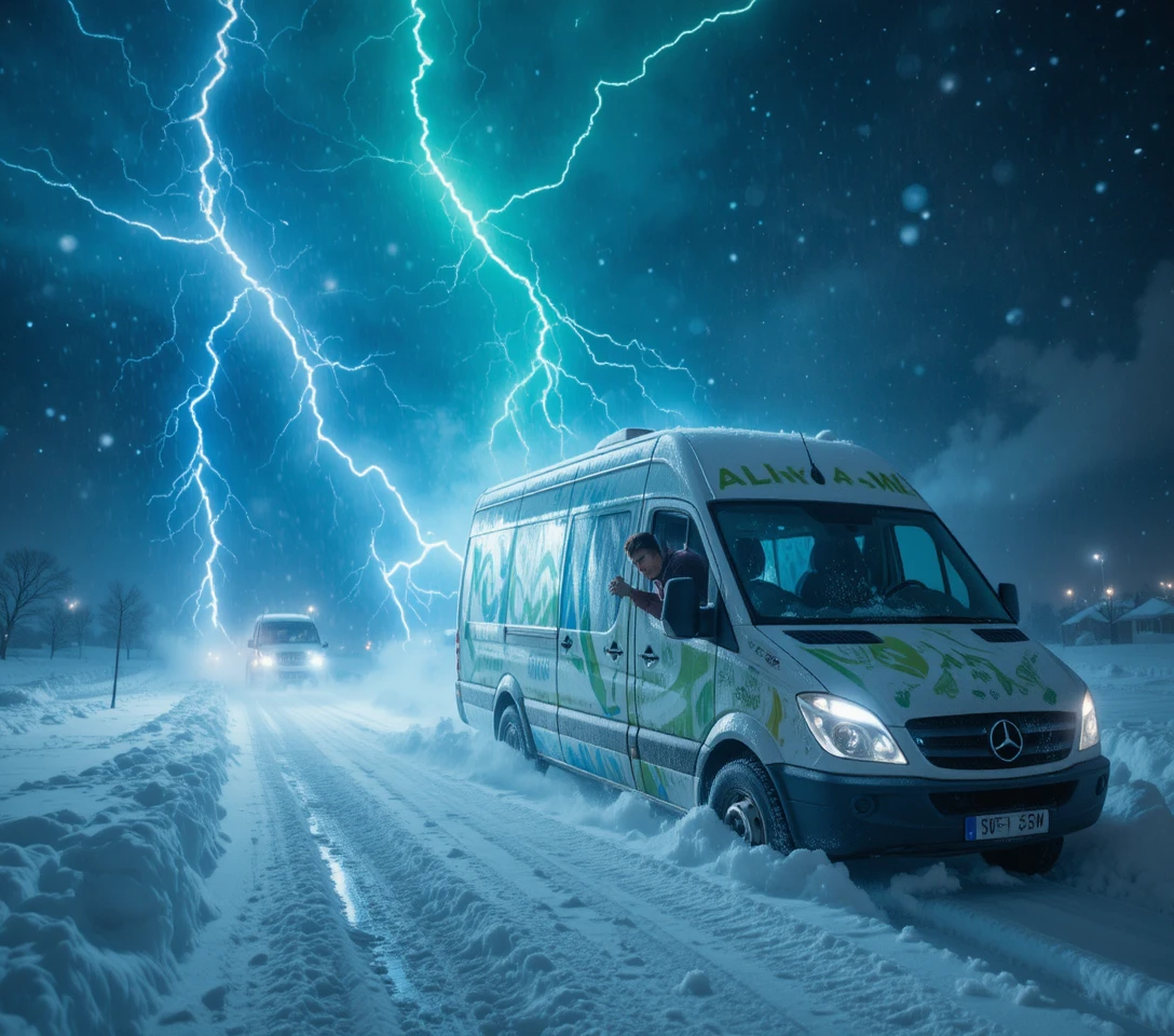 Caminhão elétrico de leite preso na neve com relâmpagos vívidos