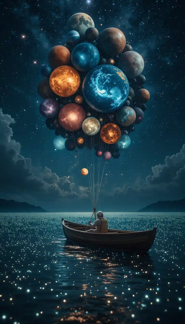 Astronauta navegando em um mar bioluminescente sob planetas flutuantes