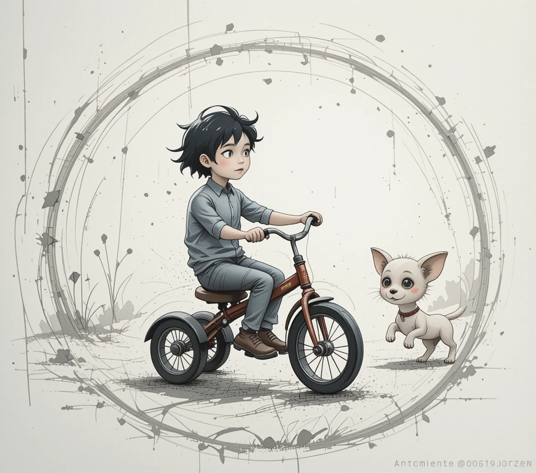 Jeune garçon sur un tricycle poursuivi par un petit chien