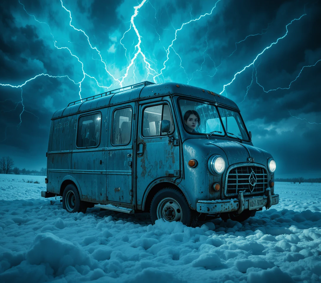 Fourgon électrique à lait vintage dans un paysage neigeux et orageux