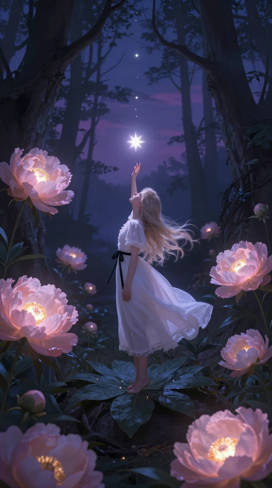 Garota alcançando uma estrela na floresta encantada ao crepúsculo