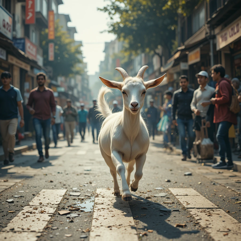 Cabra correndo por uma rua movimentada da cidade enquanto Ali persegue