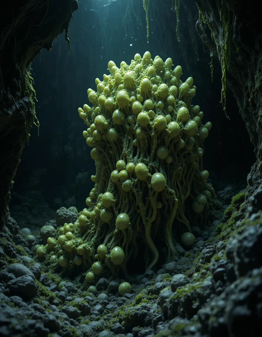 Amas d’œufs aliens dans une lagune de grotte sombre remplie de slime