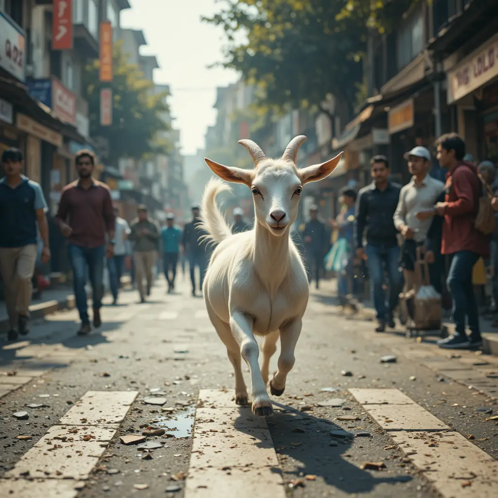 Goat Running Through A Busy City Street As Ali Chases