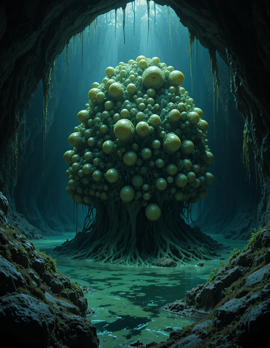 Grotte lagune extraterrestre remplie de cocons et de bave verte