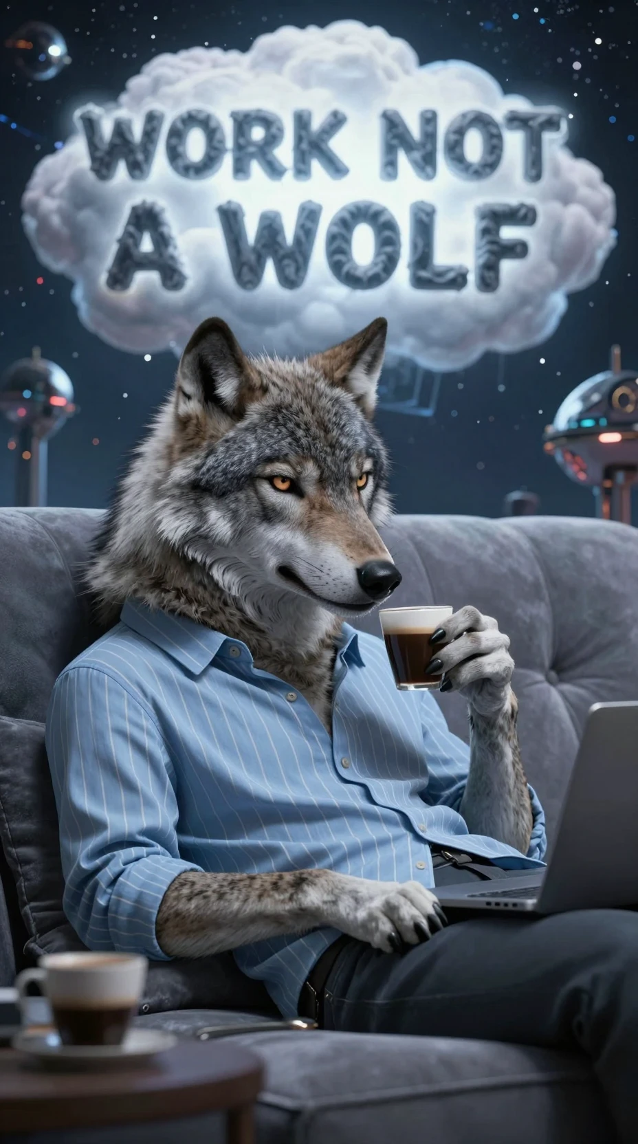 Lobo cinza estiloso relaxando no sofá com café