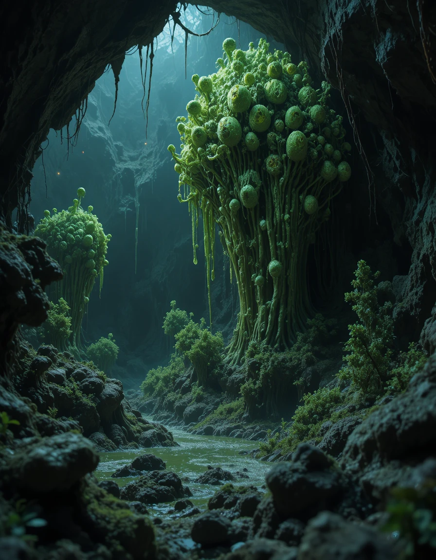 Macro view of alien cocoons in a dark slime filled cave