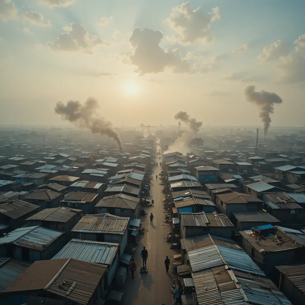 Vista de dron de un extenso barrio marginal de Lagos al amanecer