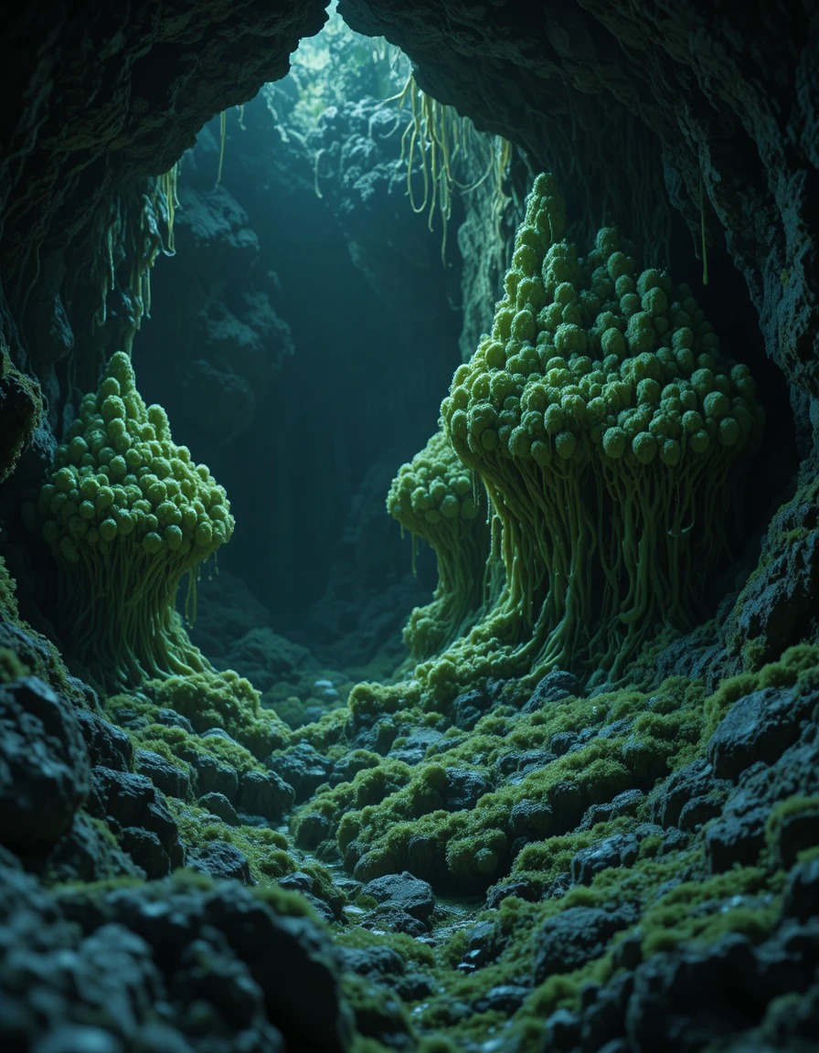 Racimos de huevos alienígenas en una cueva oscura llena de baba