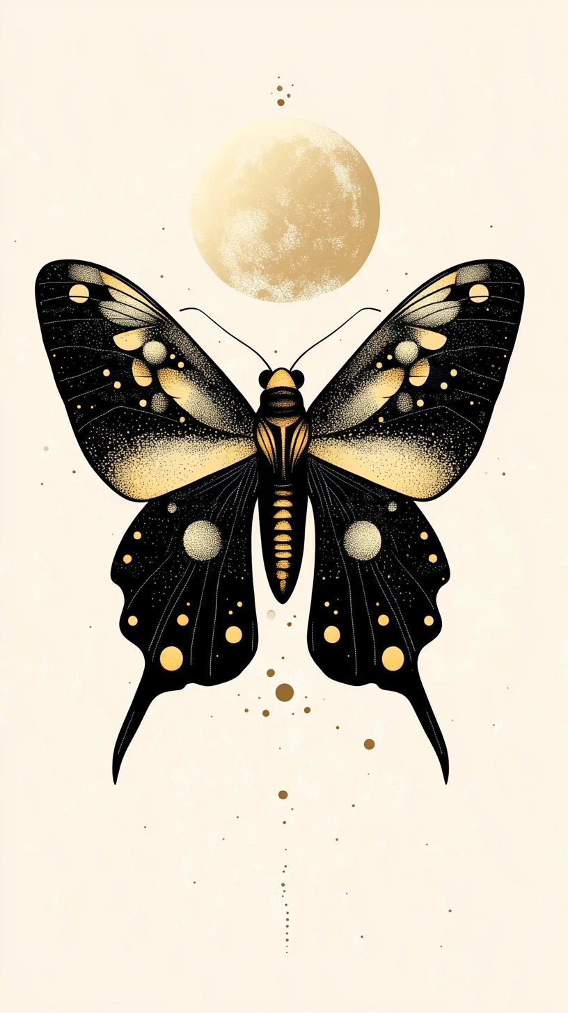 Mariposa pop art em perfil com halo e fases da lua