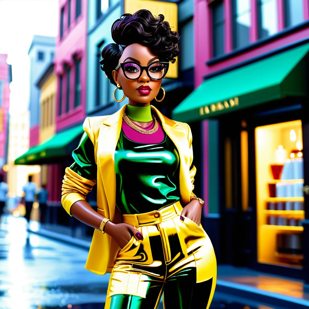Mulher negra estilosa de terninho amarelo em rua chuvosa da cidade