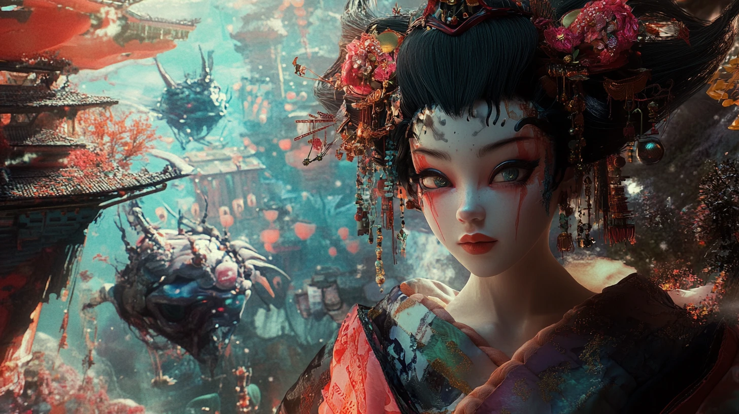 Geisha bio‑ingénierisée surréaliste dans un monde onirique