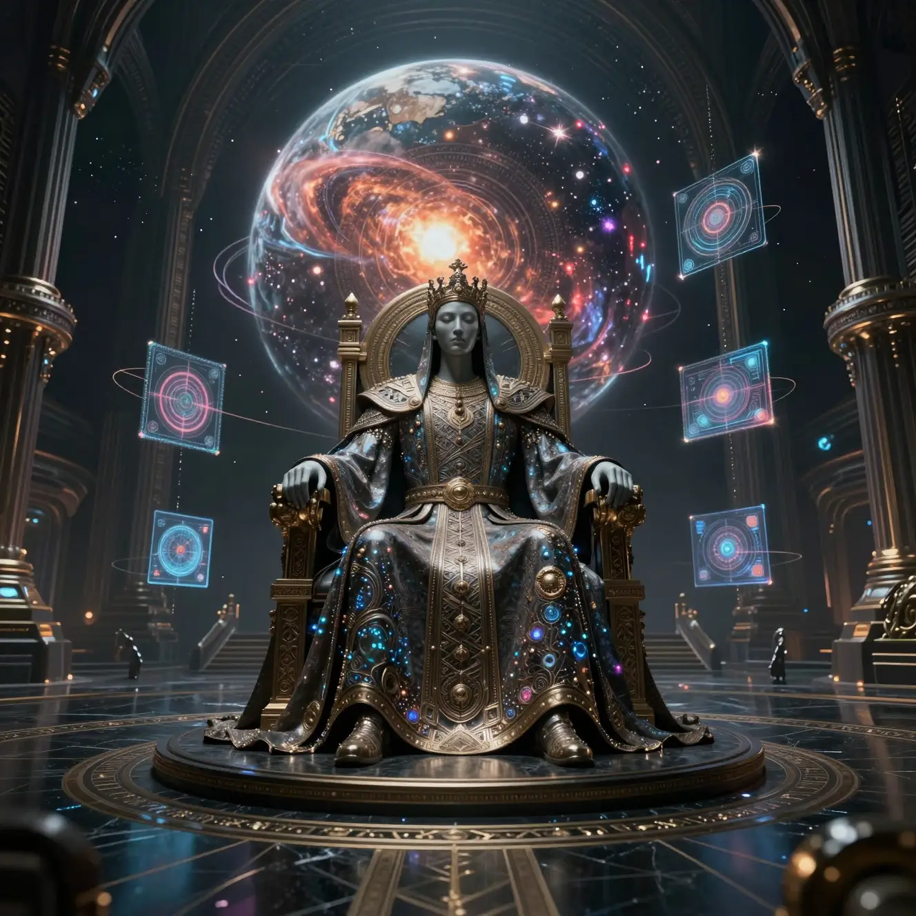 Post human emperor on a cosmic throne in vast dark hall