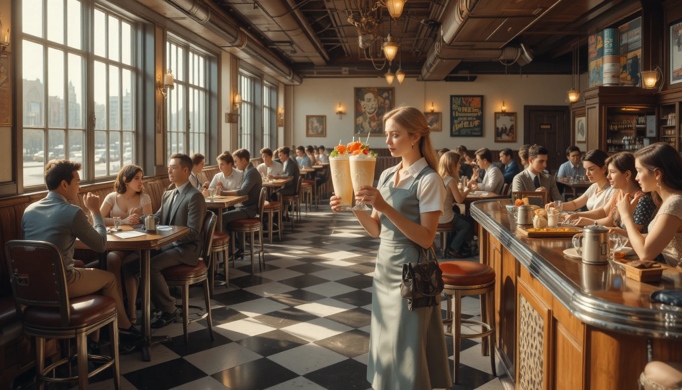 Garçonete de lanchonete dos anos 1950 servindo milk-shakes na luz do sol
