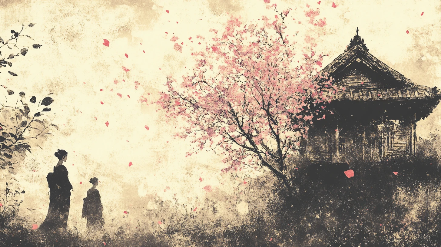 Ilustração de jardim vintage com gueixa, samurai e cerejeira