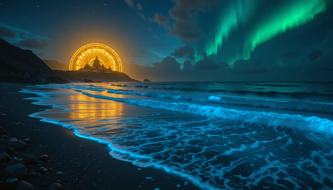 Ondas bioluminescentes brilhando em uma praia calma à noite