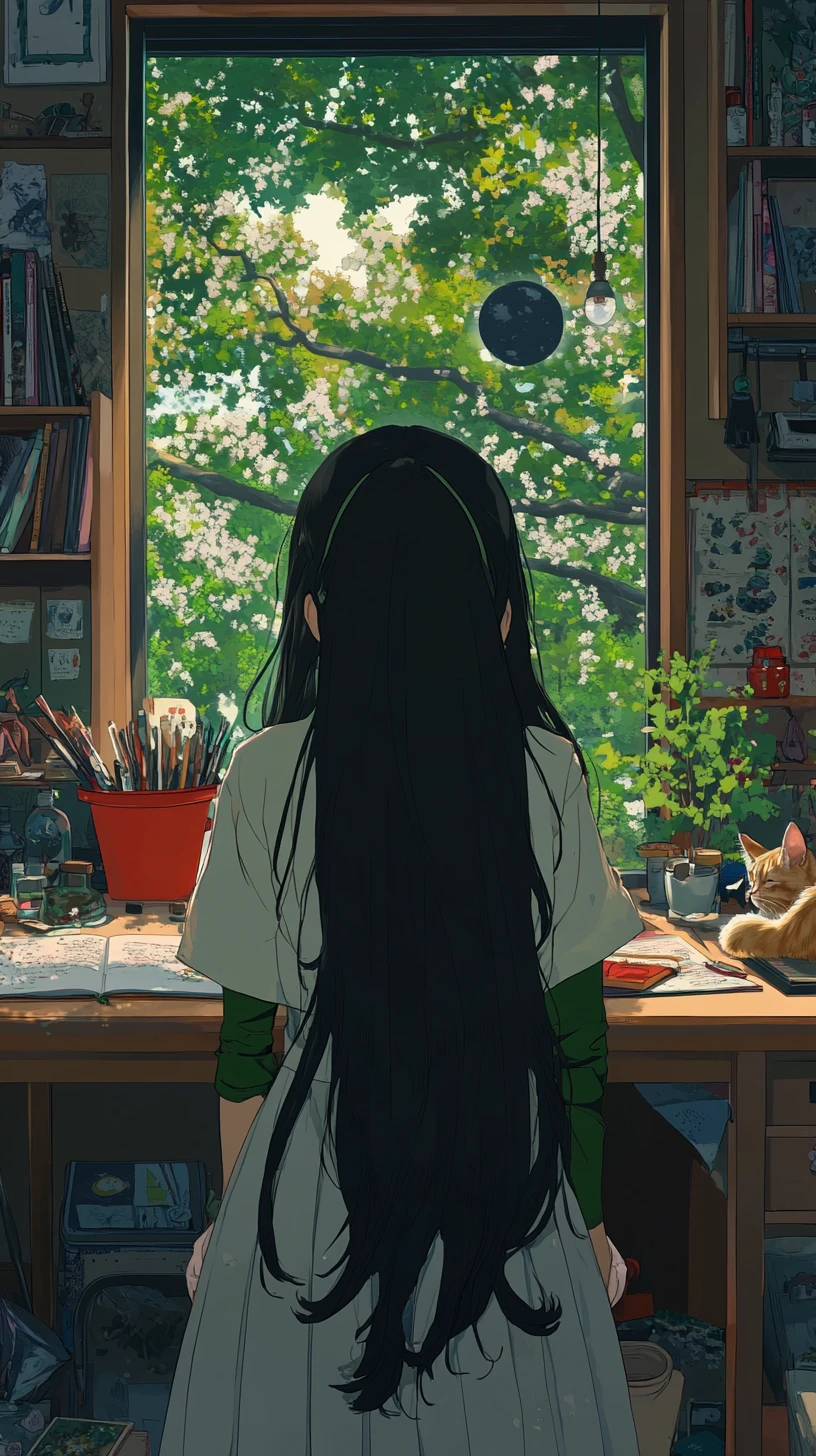 Fille d’anime lisant dans un bureau cosy avec vue sur le jardin