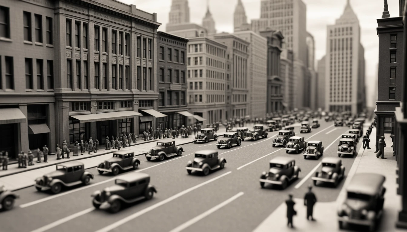 ミニチュア化された1929年のウォール街の街並みをティルトシフトで俯瞰