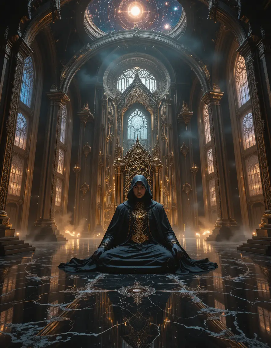 Post human emperor on a throne within a vast cosmic hall
