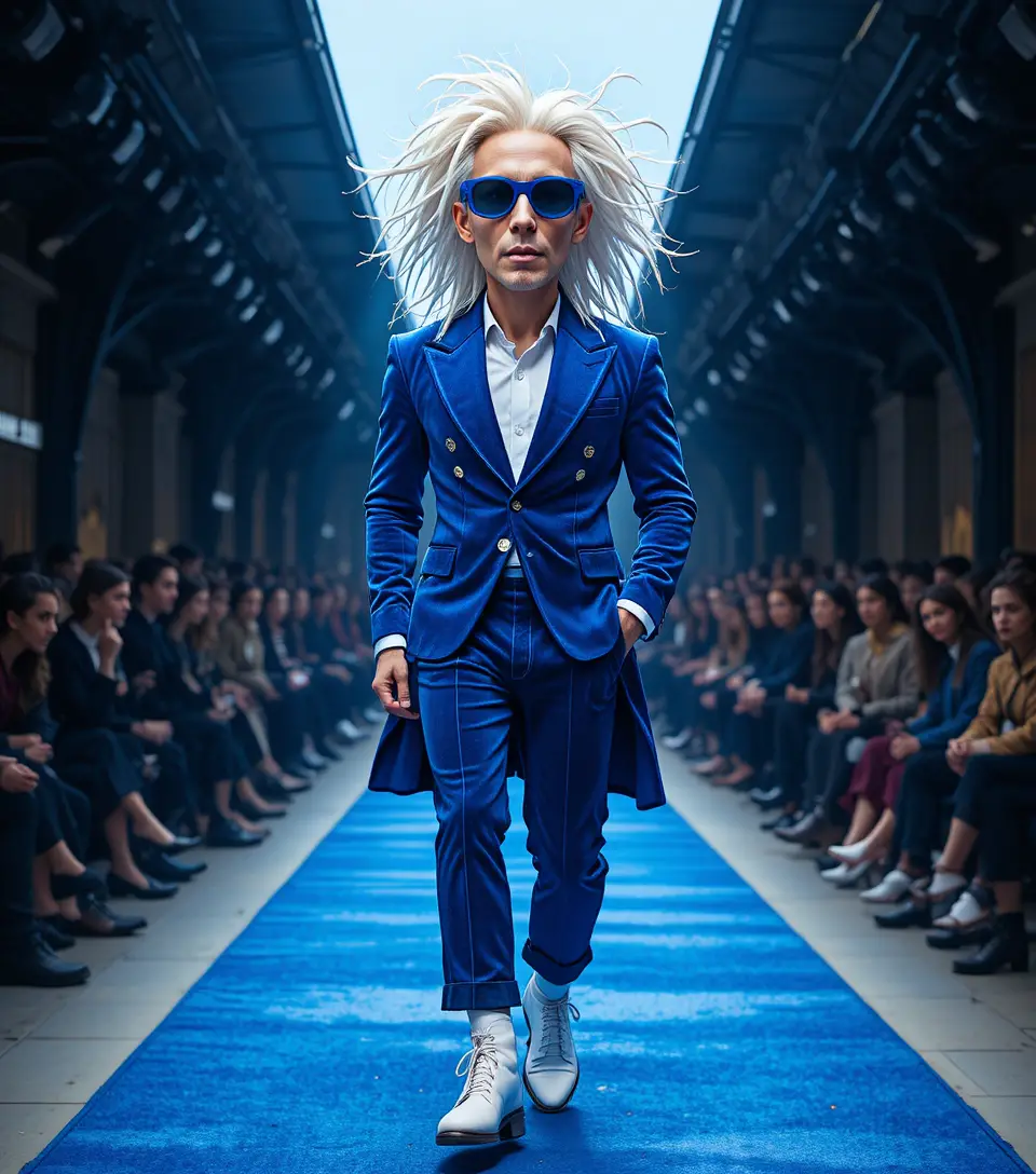 Stylish man in blue velvet suit on fashion runway