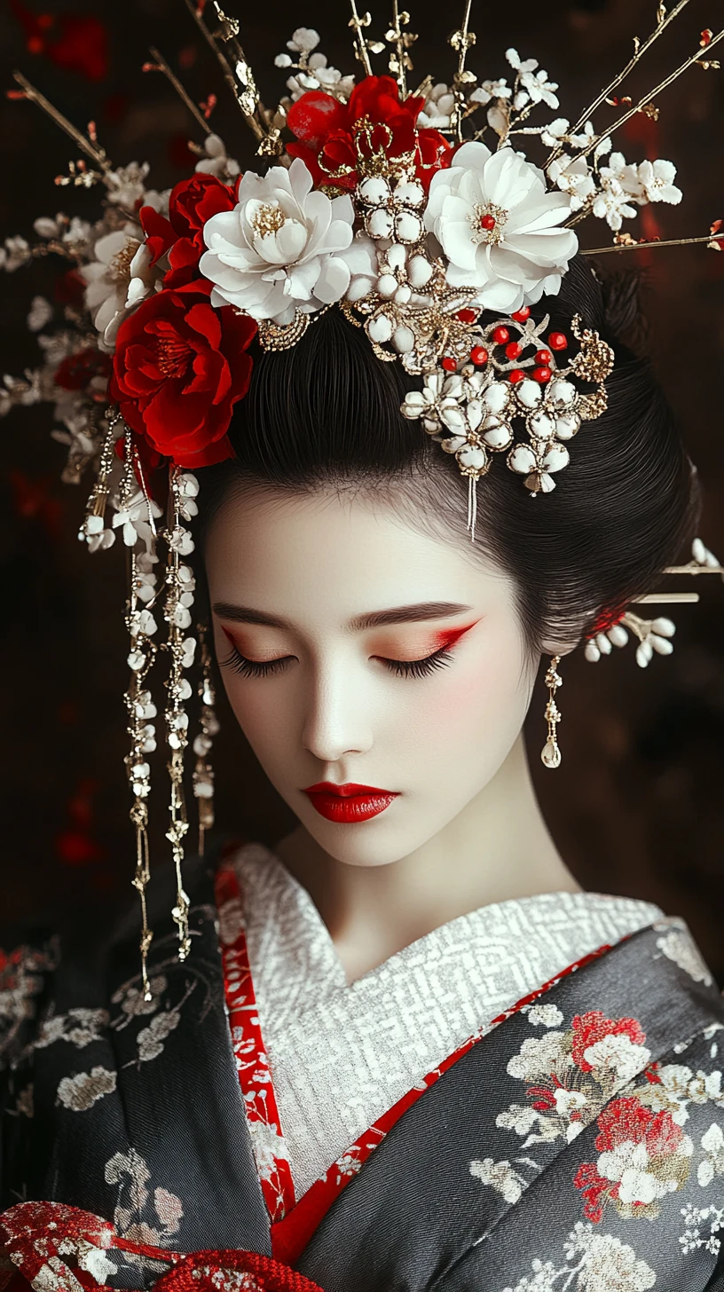 Mulher japonesa de quimono com presilhas florais no cabelo e maquiagem vermelha