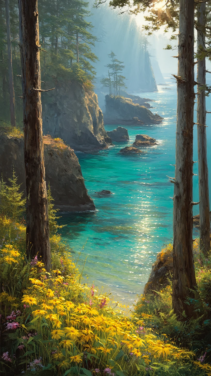 Paysage côtier fantastique avec arbres antiques et mer turquoise