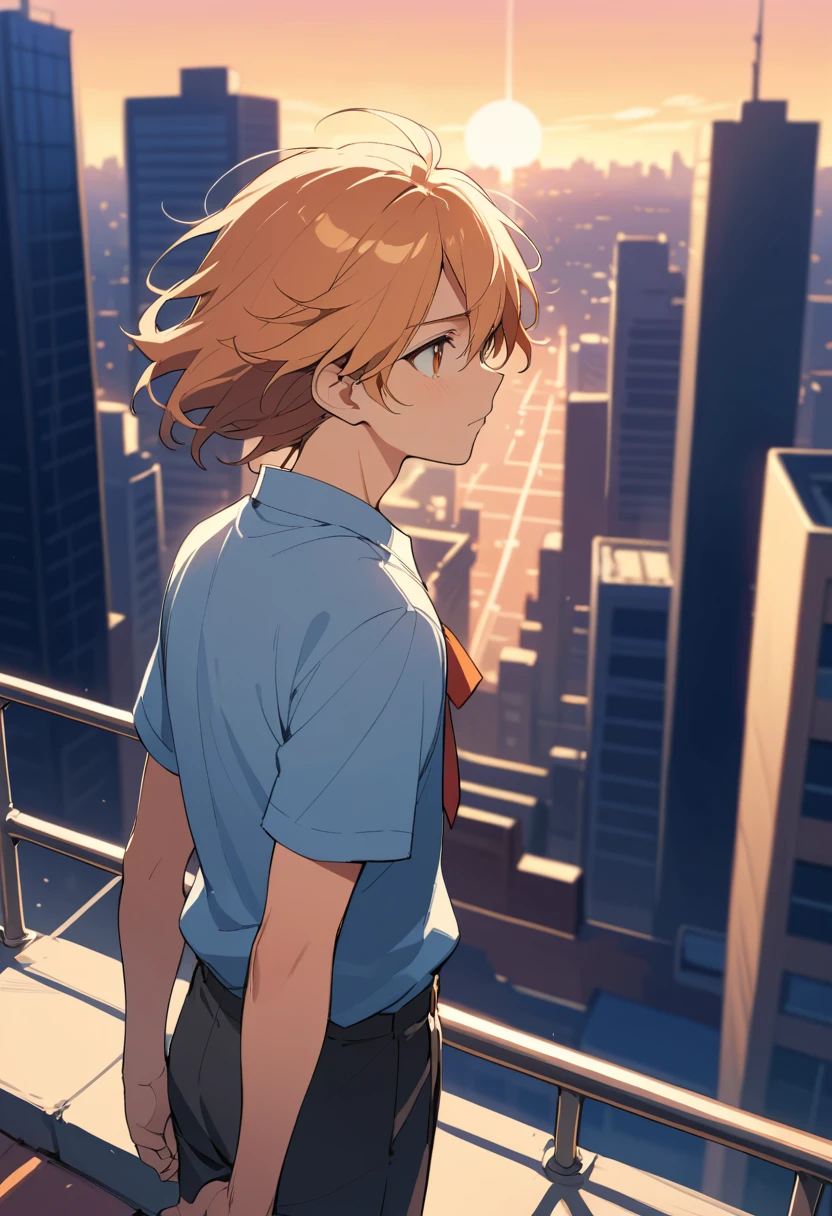 Chico de anime en la azotea de la escuela al atardecer dorado