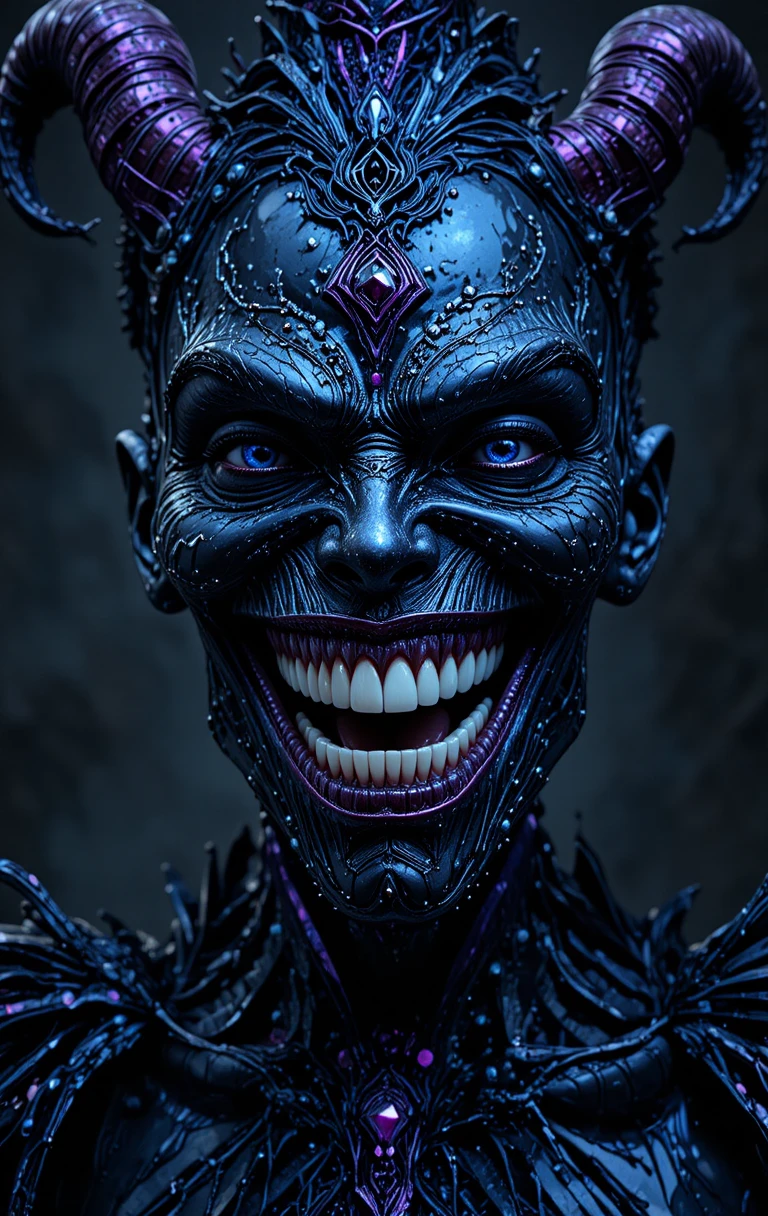 Criatura de terror metálica sorridente com dentes brancos reluzentes