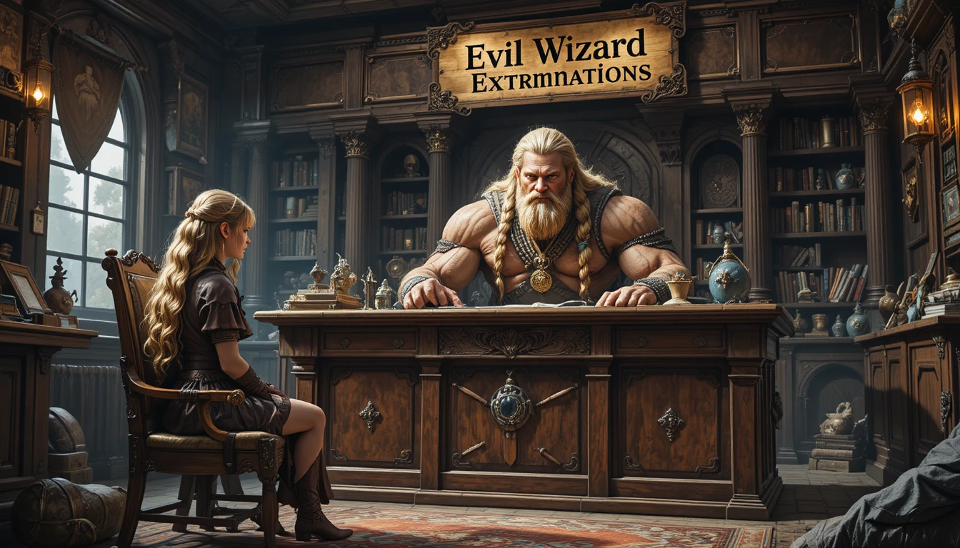 Guerreiro bárbaro em uma grande mesa em escritório de fantasia