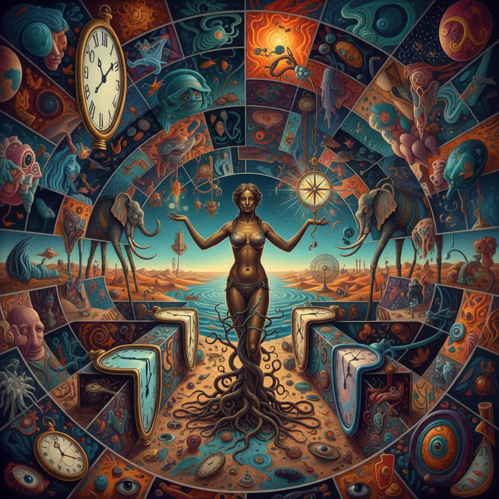 Surreal-psychedelisches Labyrinth mit bronzener Bikini-Frauenstatue