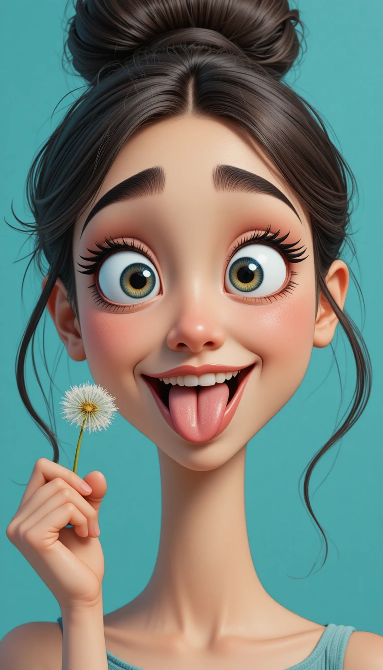 Ritratto giocoso di una ragazza in stile cartoon con occhi incrociati e soffione