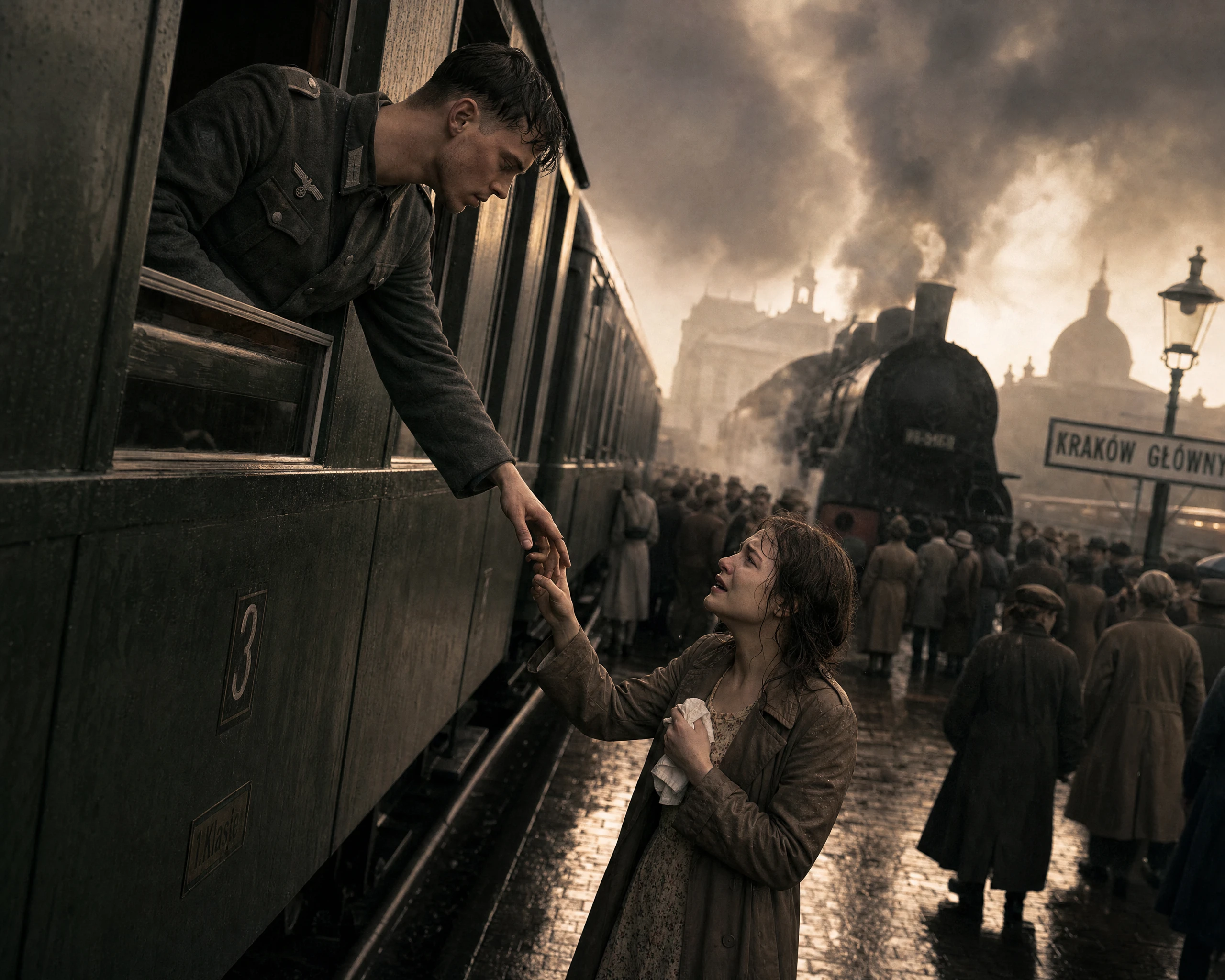 Despedida em tempos de guerra entre amantes em uma estação de trem europeia