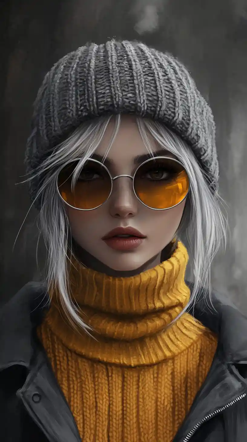 Anime-Frau mit gelbem Rollkragenpullover und grauem Hut – Porträt