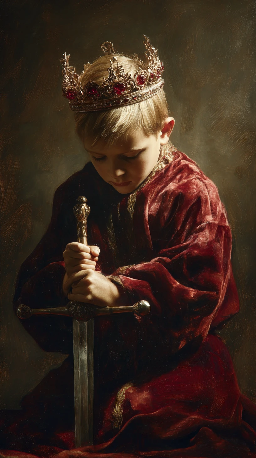Young king bowing in solemn reflection with sword