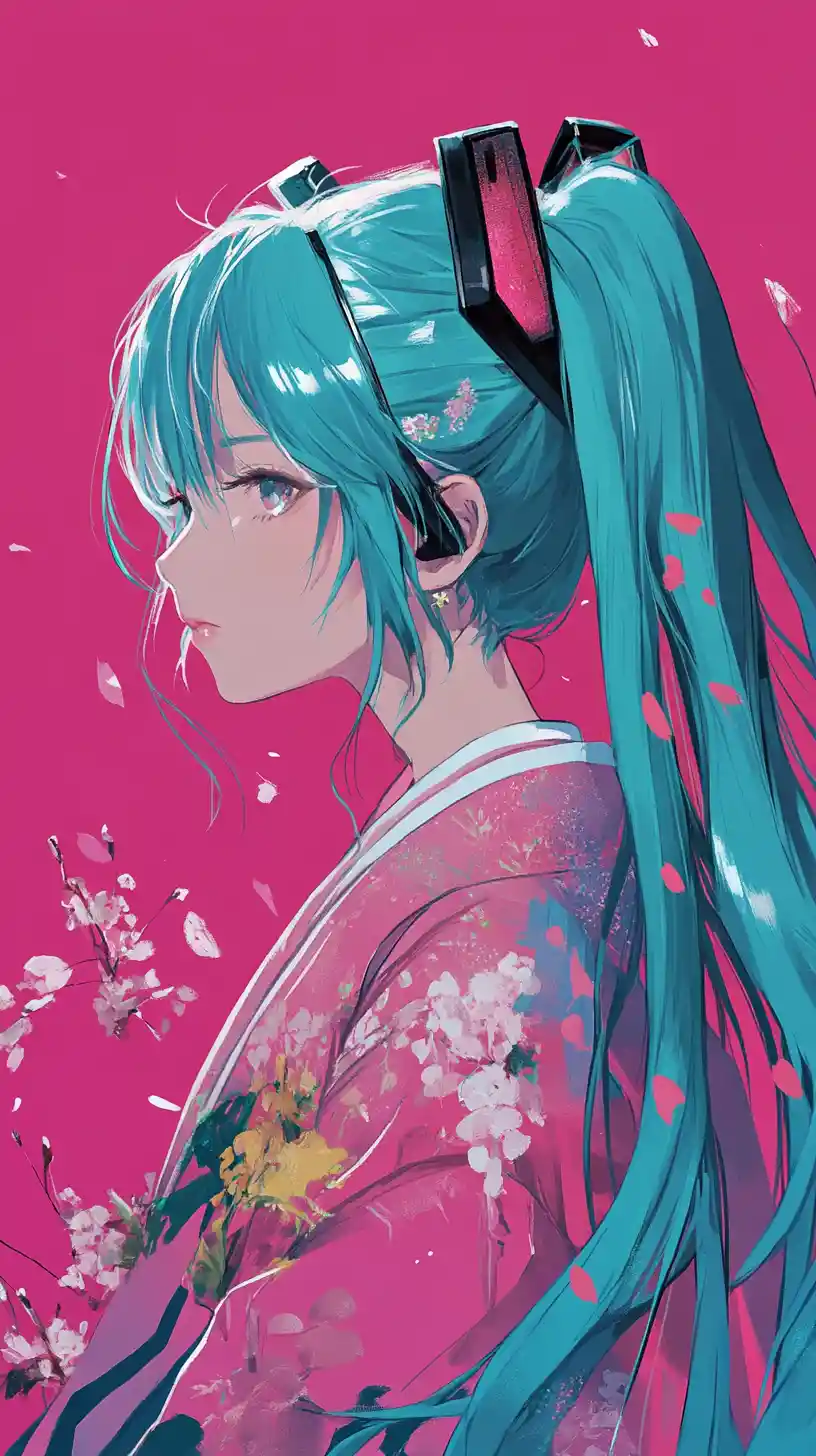 Anime-Frau im rosa Kimono mit türkisfarbenen Zwillingszöpfen