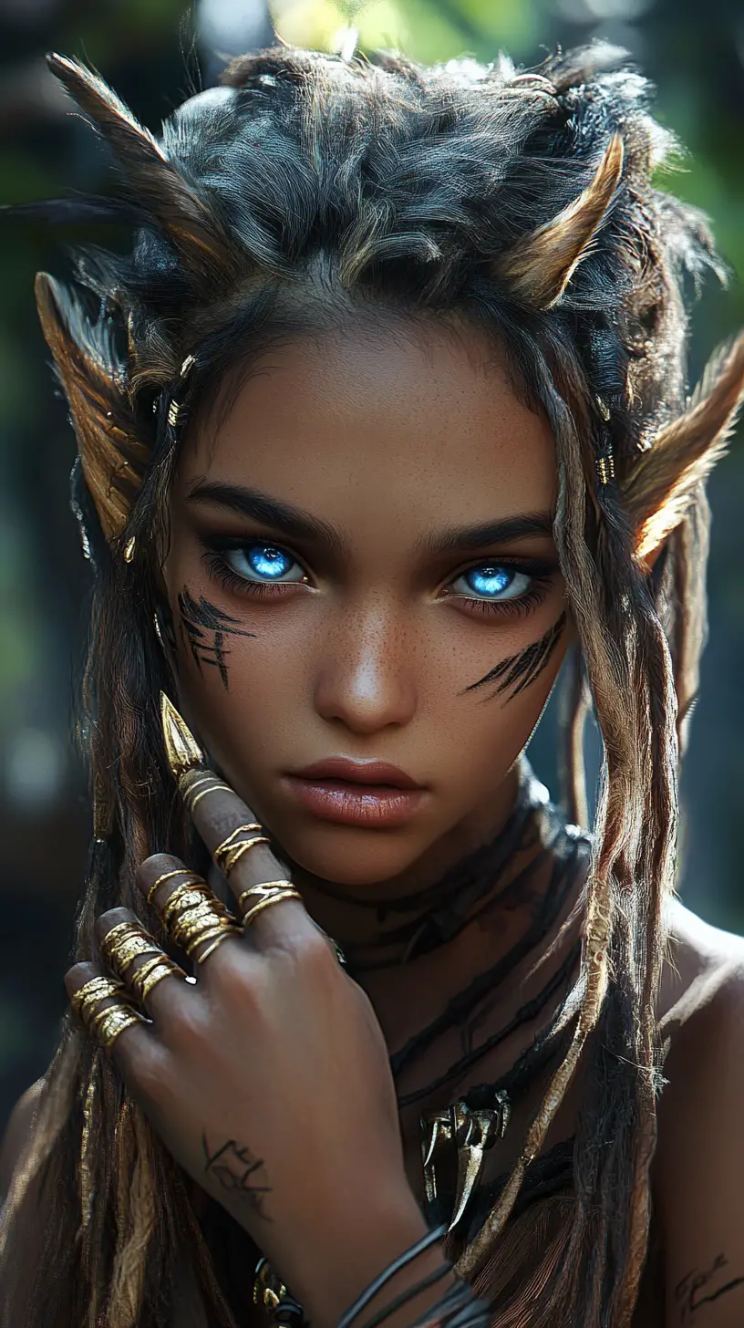 Mystical girl with glowing blue eyes and golden claws
