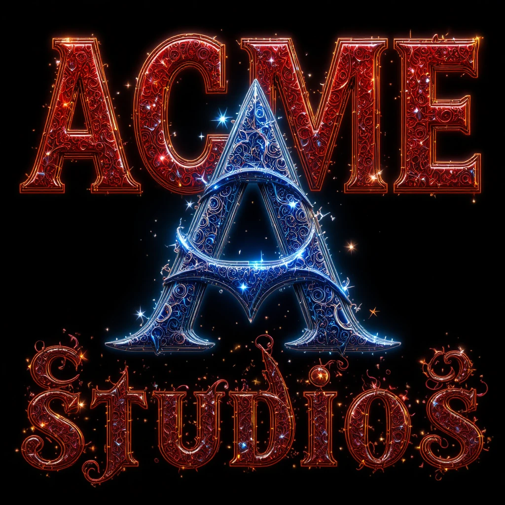 Glänzendes rotes Typografie-Logo mit blauem Symbol vor sternenbesetztem schwarzem Hintergrund
