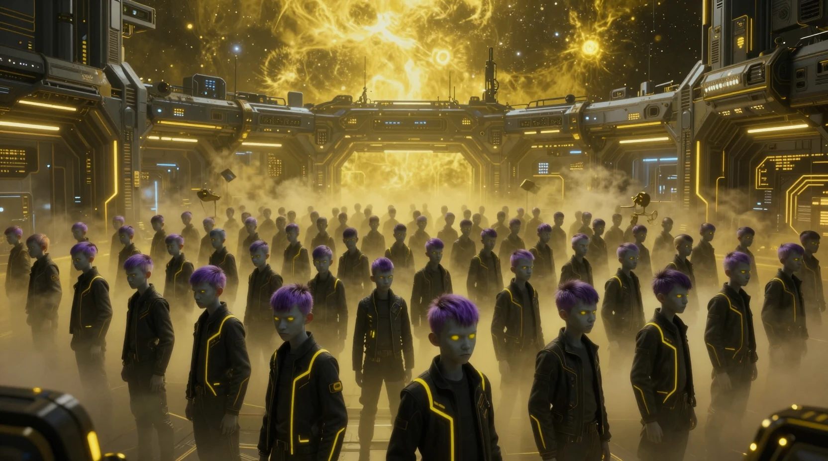 Foule futuriste de garçons adolescents dans un labo science-fiction éclairé au néon