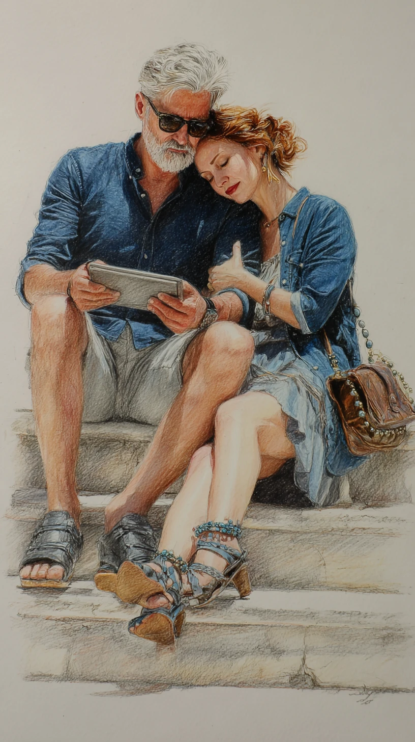 Retrato de casal em lápis de cor em degraus de pedra sob holofote