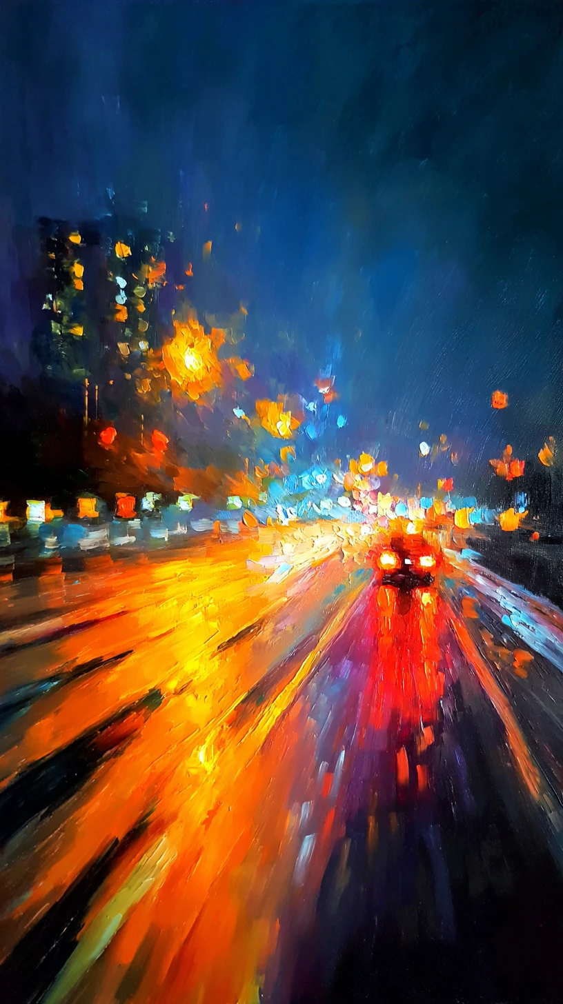 Carro em alta velocidade entre as luzes brilhantes da cidade à noite